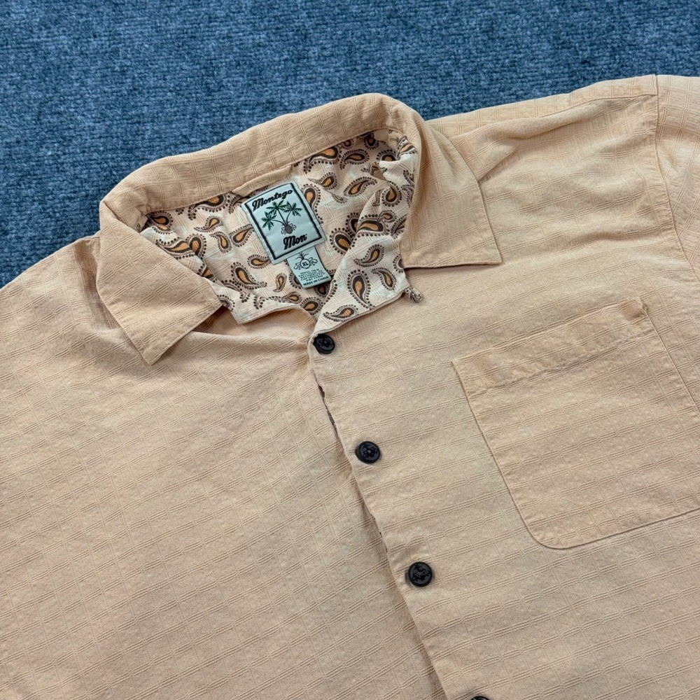 Montego Bay Button Up XL Peach Silk Embroidered Coconut Palm Bar Flaw Men's